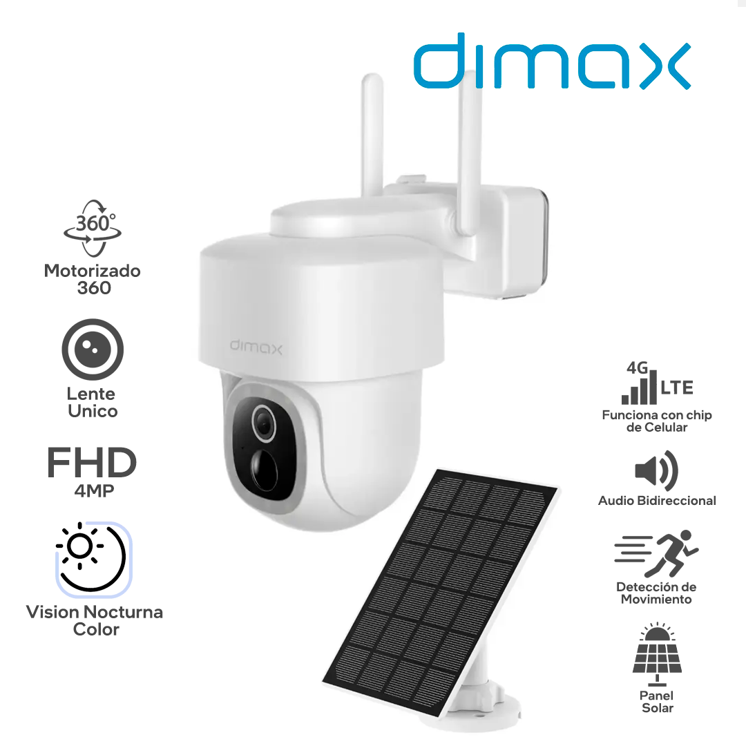 DIMAX G118 / RESOLUCION FHD 4MP / MOTORIZADA 360 / LTE 4GB CHIP DE TELEFONO / EXTERIOR / PANEL SOLAR