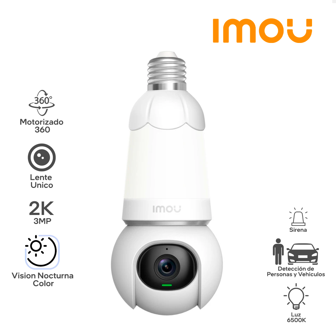 IMOU BULB CAM TIPO FOCO / RESOLUCION 2K 3MP / MOTORIZADA 360 / WIFI / INTERIOR / TECNOLOGIA AI / DETECCION DE PERSONAS Y VEHICULOS