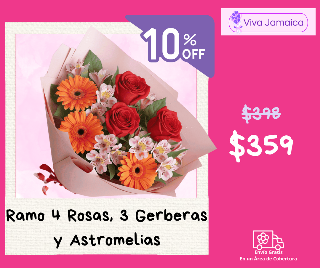 Ramo 4 Rosas, 3 Gerberas y Astromelias