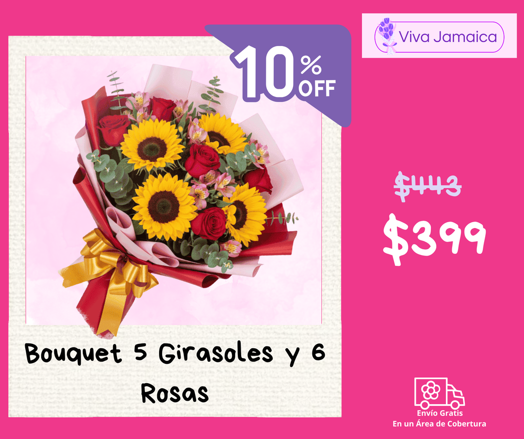 Bouquet 5 Girasoles y 6 Rosas