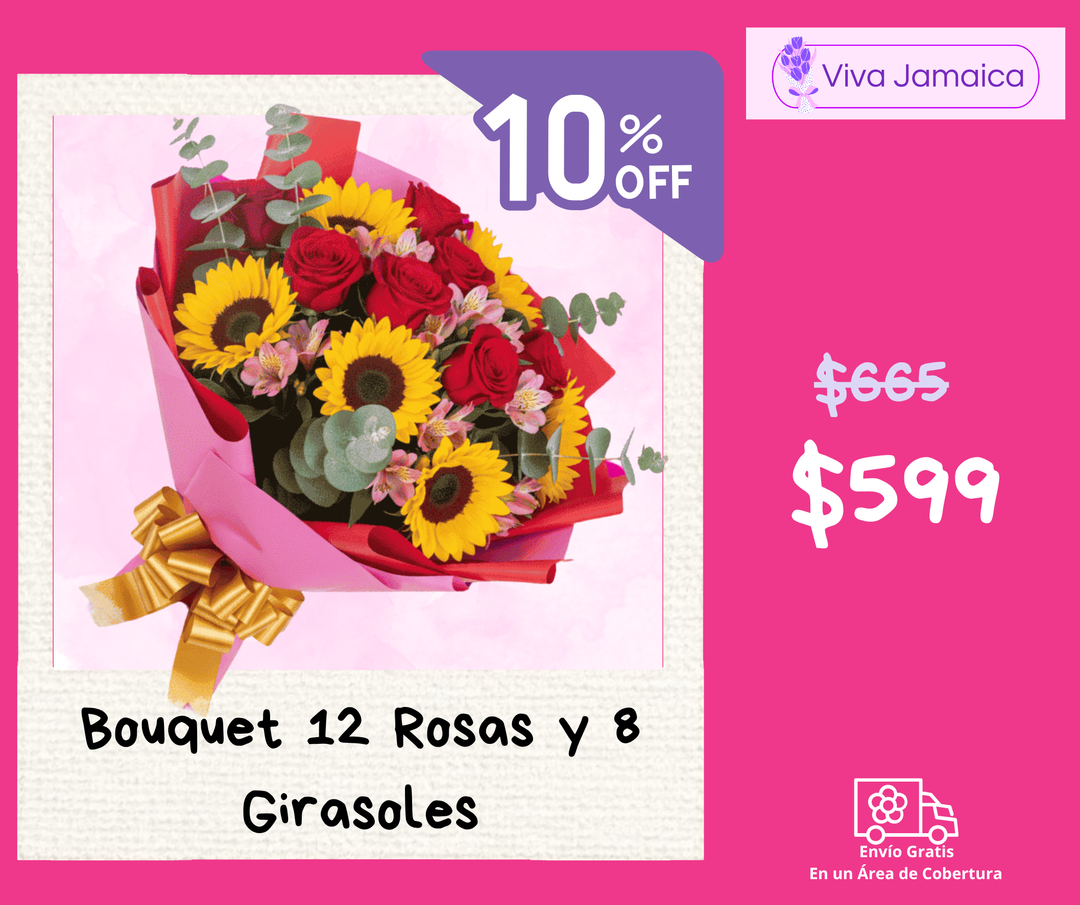 Bouquet 12 Rosas y 8 Girasoles