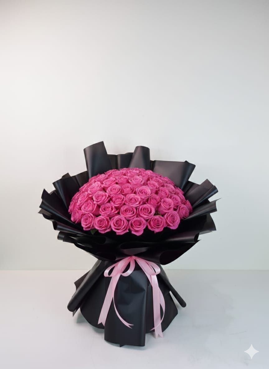 50pcs Pink Rose WW With Black Wrapping