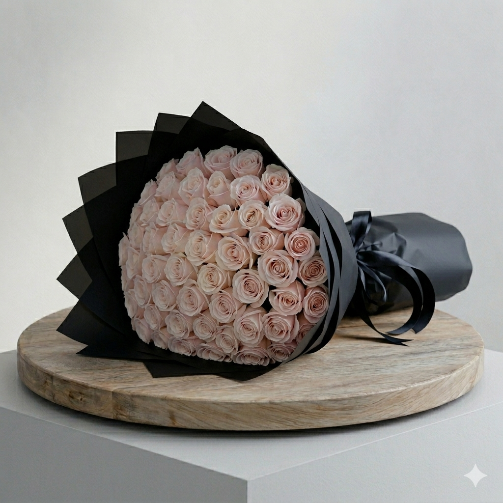 50pcs White Roses Bouquet With Black Wrapping