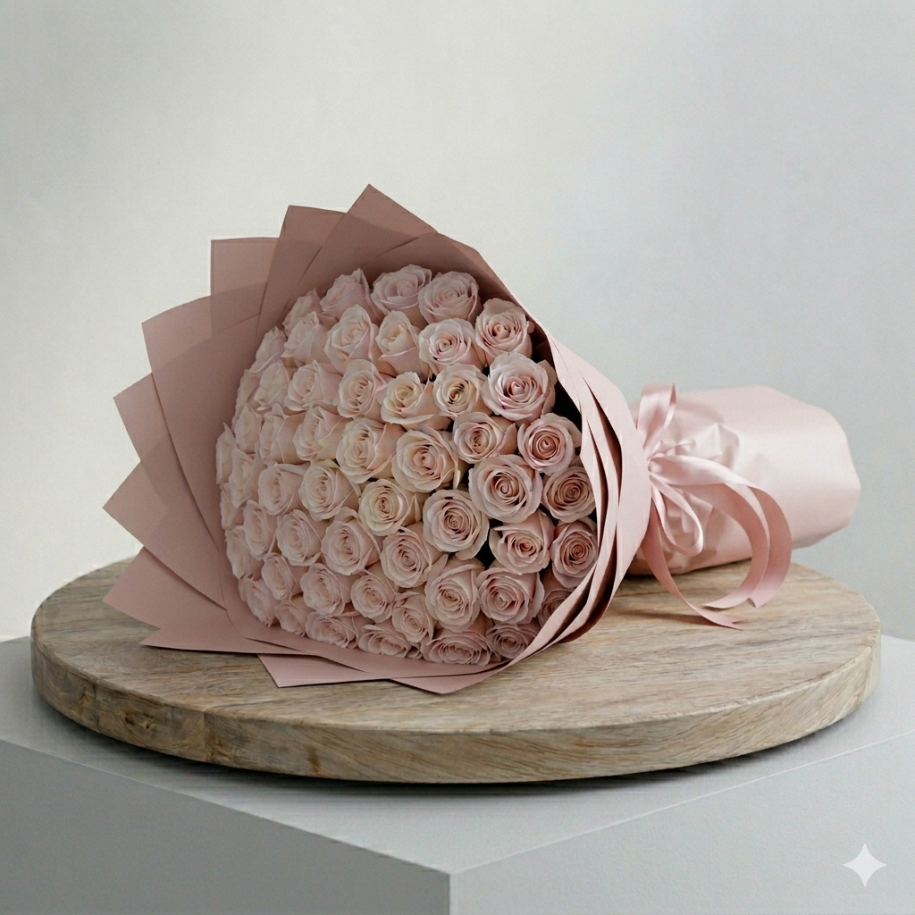 50pcs White Roses Bouquet With Pink Wrapping