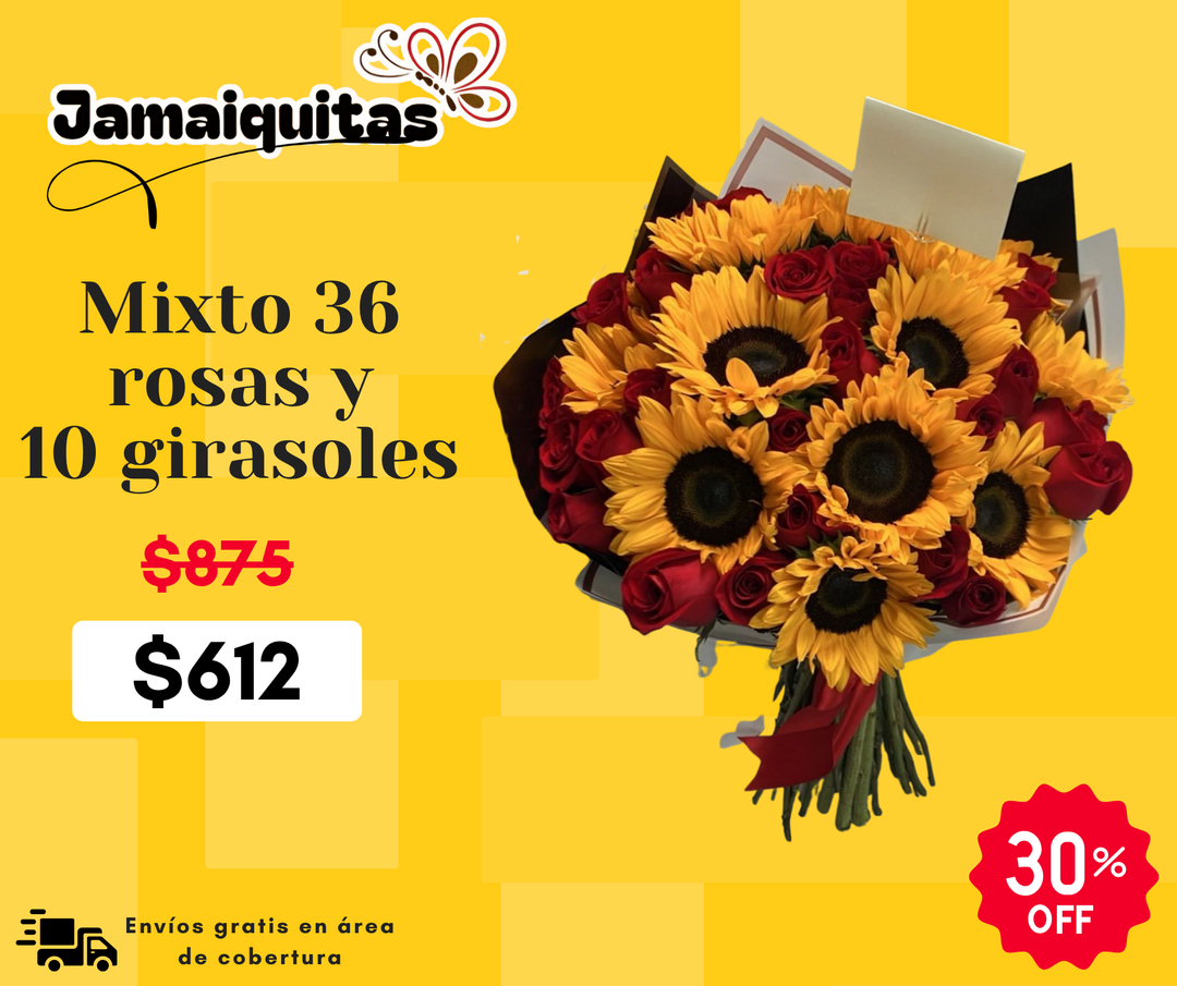 Mixto 36 rosas y 10 girasoles