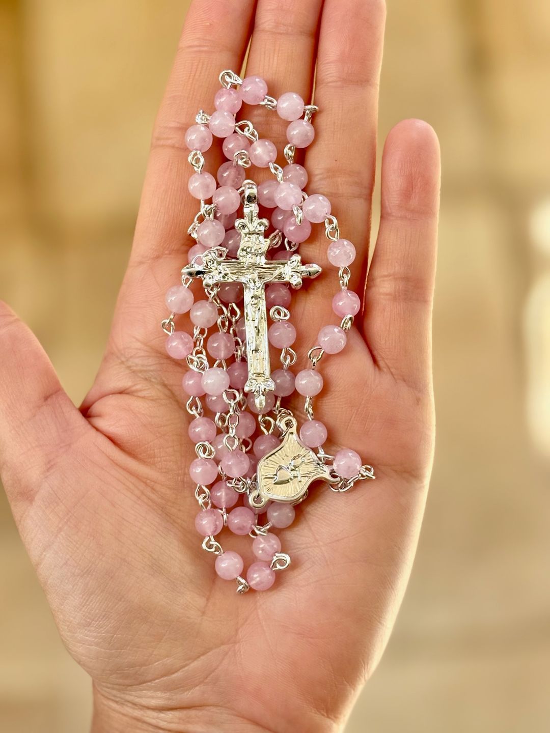 Rosario de Cuarzo Rosa 6mm Laminado en Plata