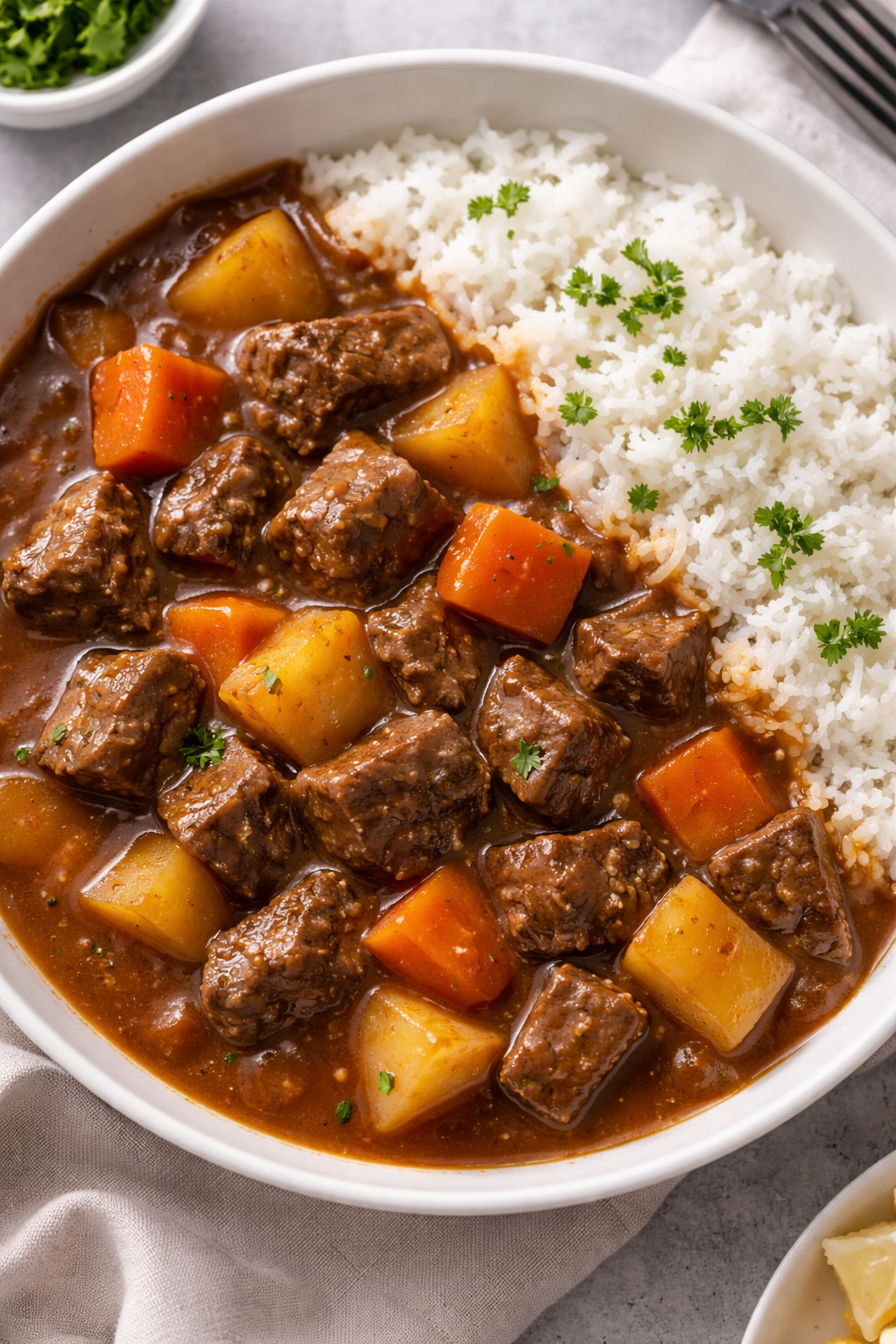 Curry Beef Stew with Veggies & Rice