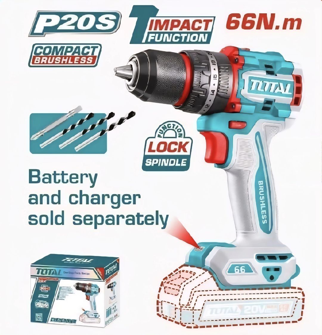 TOTAL 66N.m 20V CORDLESS BRUSHLESS IMPACT DRILL (mesin saja)
