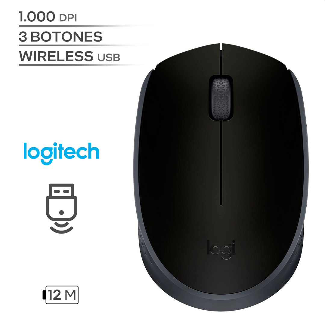 LOGITECH M170 / 1000 DPI / 3 BOTONES / WIRELESS USB / INALAMBRICO / BLACK