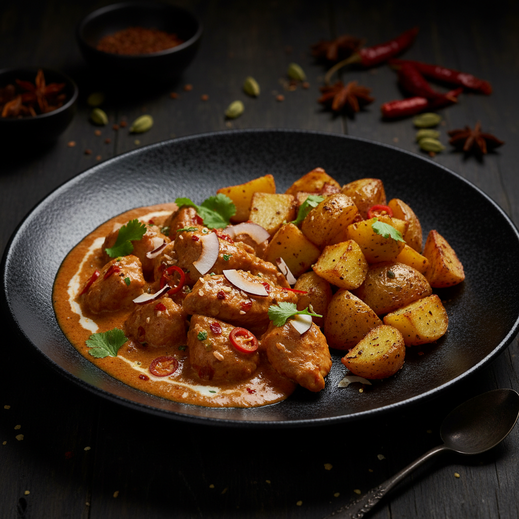 Poulet au coco Curry rouge / Pommes sautées