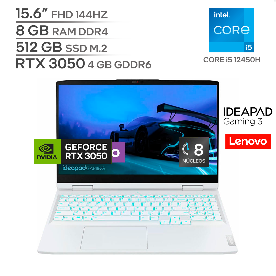 LENOV IDEAPAD GAMING 3 / CORE i5 12450H / RTX 3050 4 GB / 8 GB DDR4 RAM / 512 GB SSD Nvme M.2 / 15.6" FHD 120HZ / WINDOWS 11