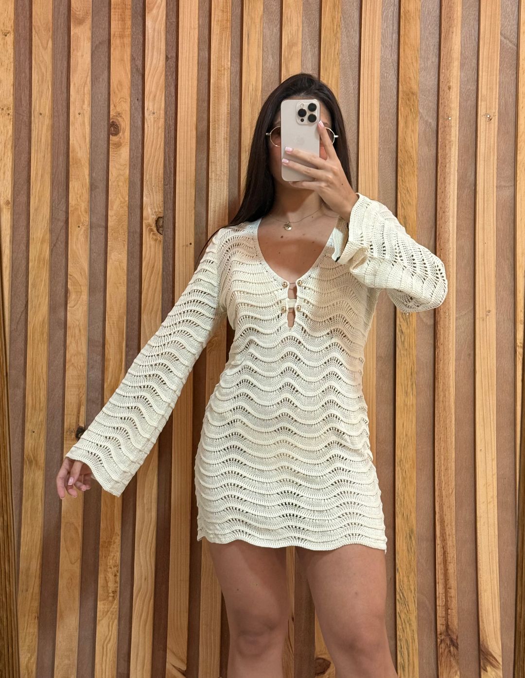 Vestido manga larga corto beige 