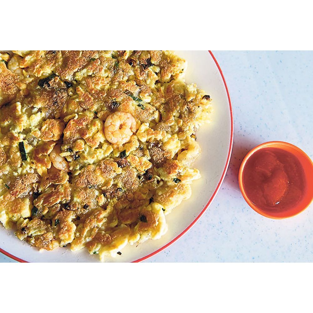 虾煎 fried prawn omelette 