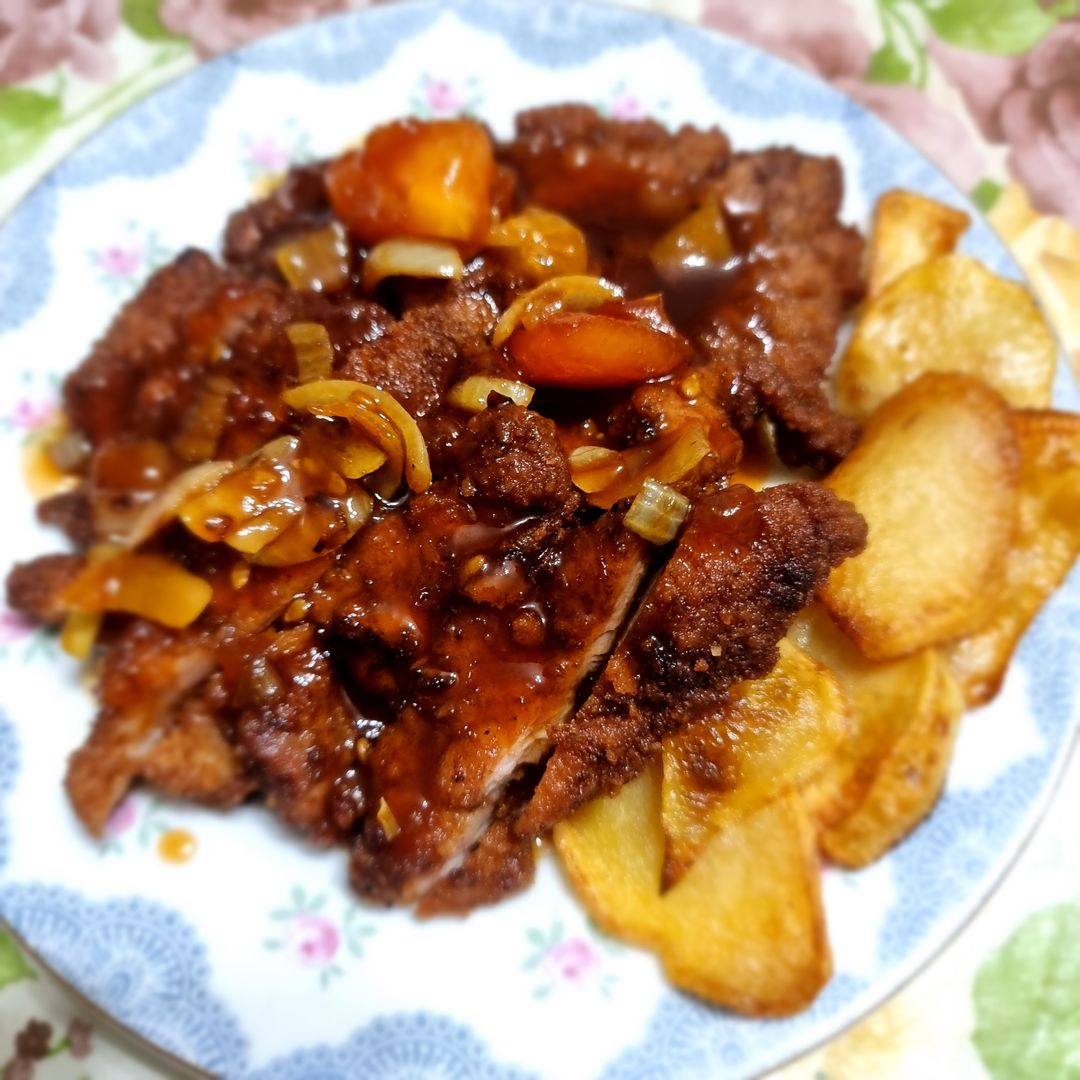 Pork Chops with Hand Cut Potatoes and Sweet Sour Sauce
