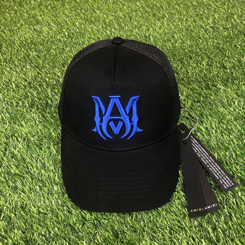 AMIRI CURVED PEAK BLACK AND BLUE LOGO