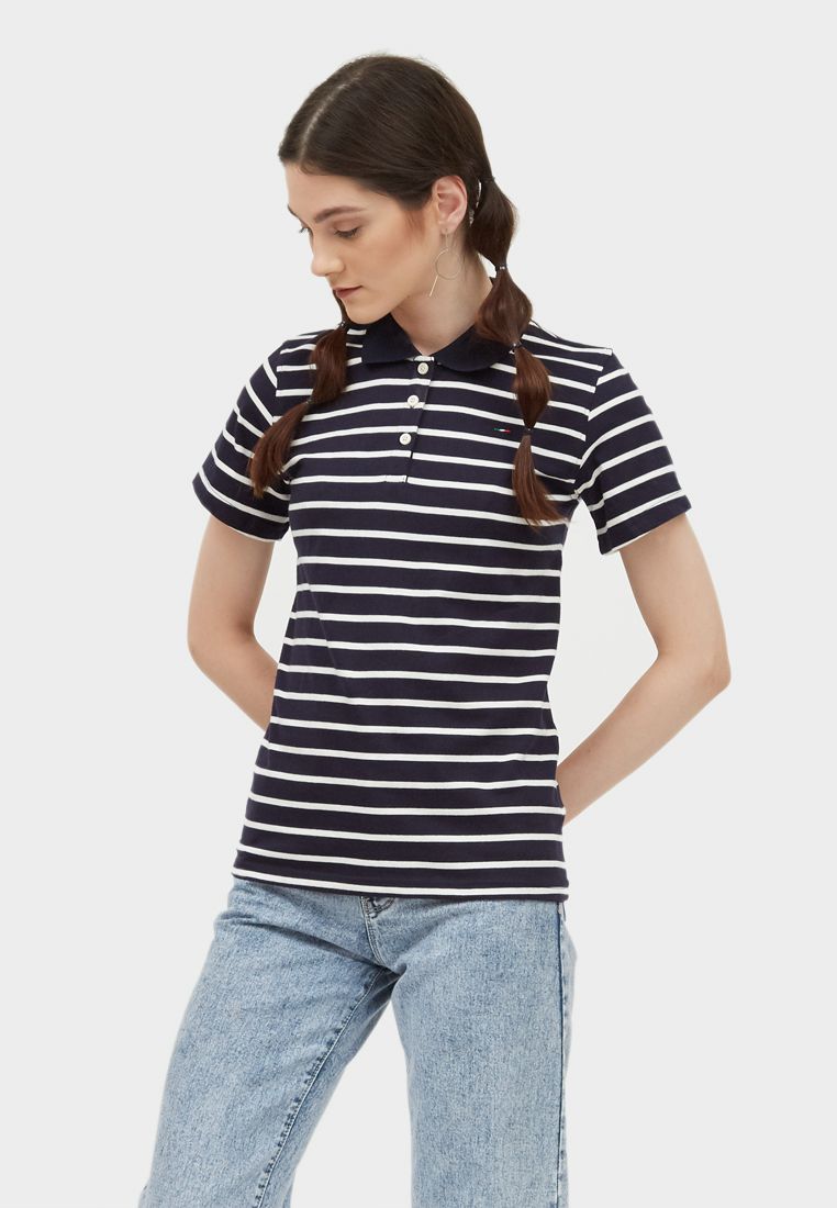 Ladies Polo Tee (Black/White Stripe)