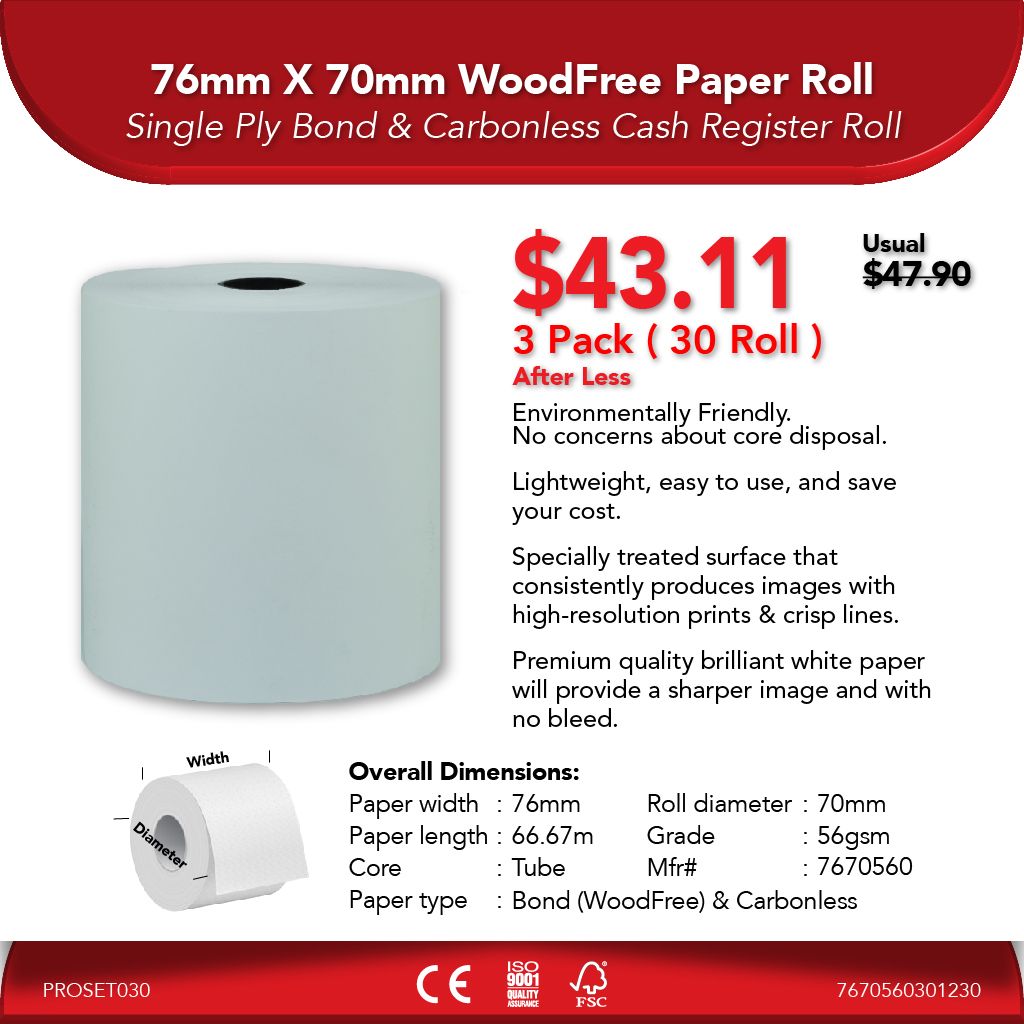 76mm X 70mm 56gsm WoodFree Paper Roll