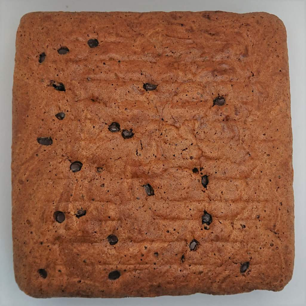 Chocolate cake topped with chocolate chips