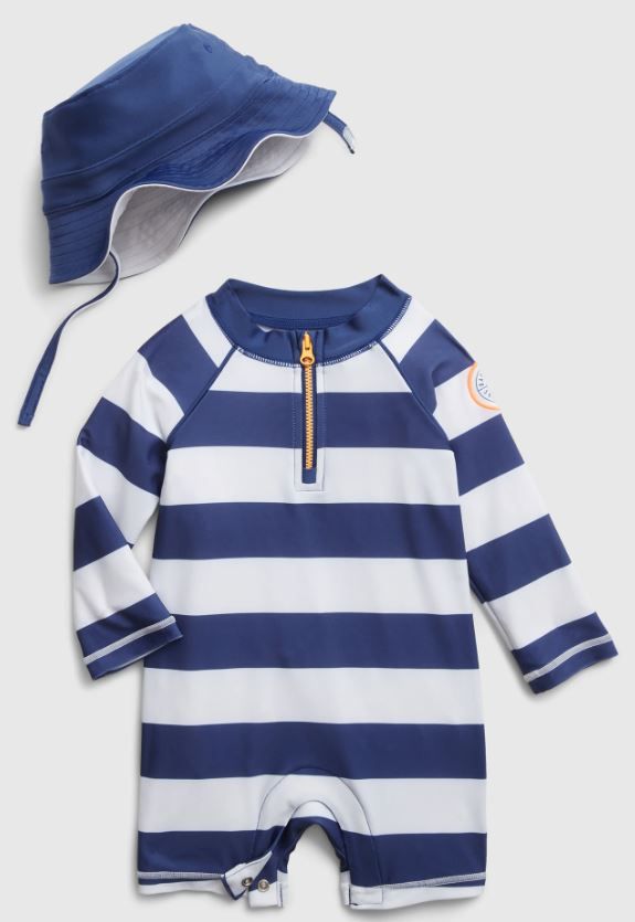 Blue Stripes Rash Guard one piece with Hat