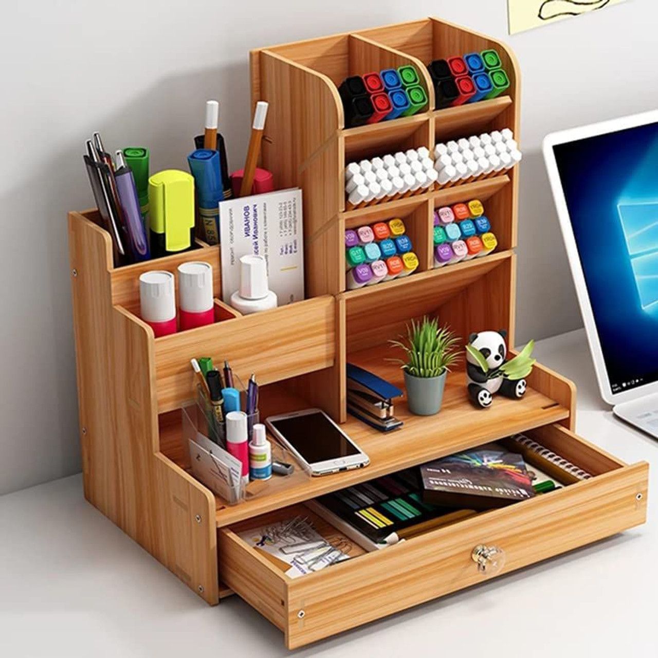 Wooden Desk Organizer Multifunctional Office Stationary Storage Holder_0