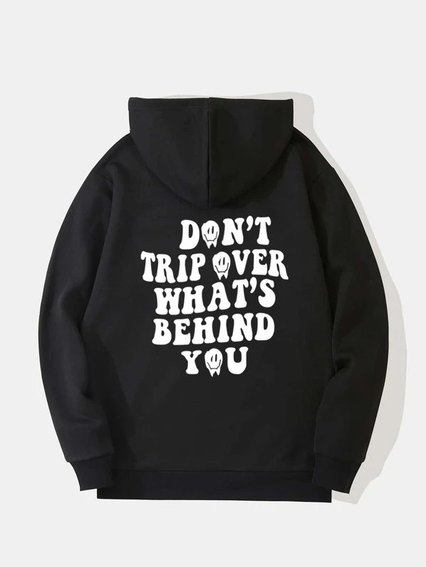 Men Cartoon & Slogan Graphic Kangaroo Pocket Thermal Lined Drawstring Hoodie_0