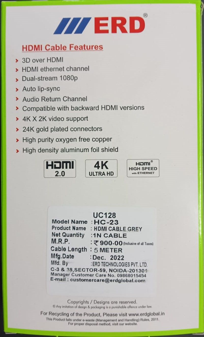 ERD UC128 HC-23 Grey 5 Meter HDMI Cable (100% Original Product With GST Bill)_1