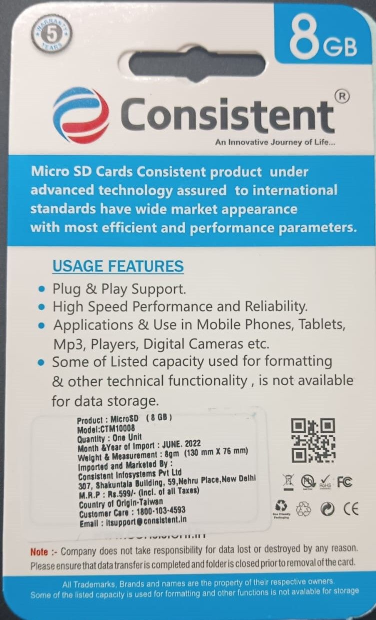 Consistent 8GB Micro SD Card CTM10008 With GST Bill_1