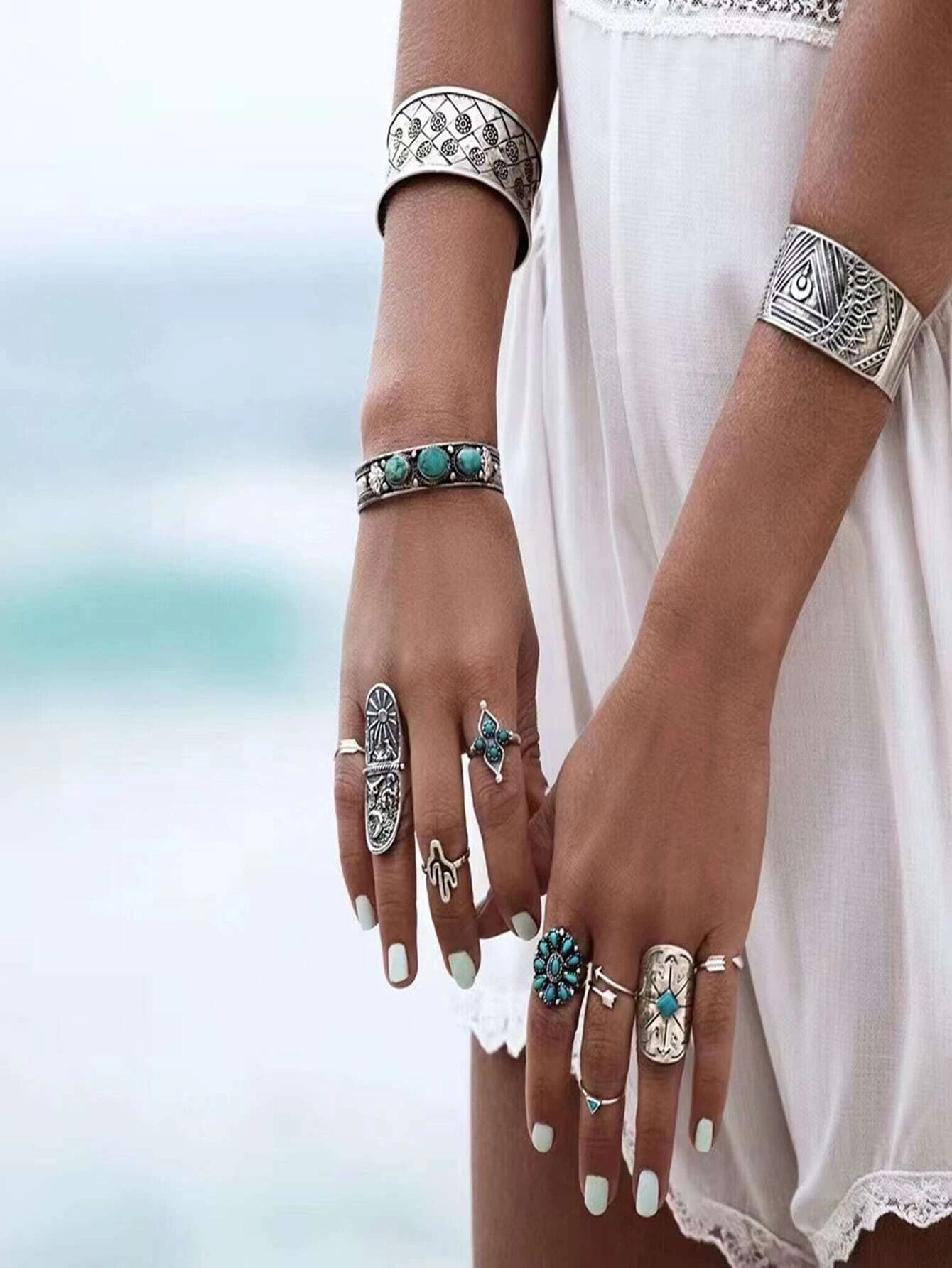 9pcs Turquoise Ring Set - Antique Silver_11