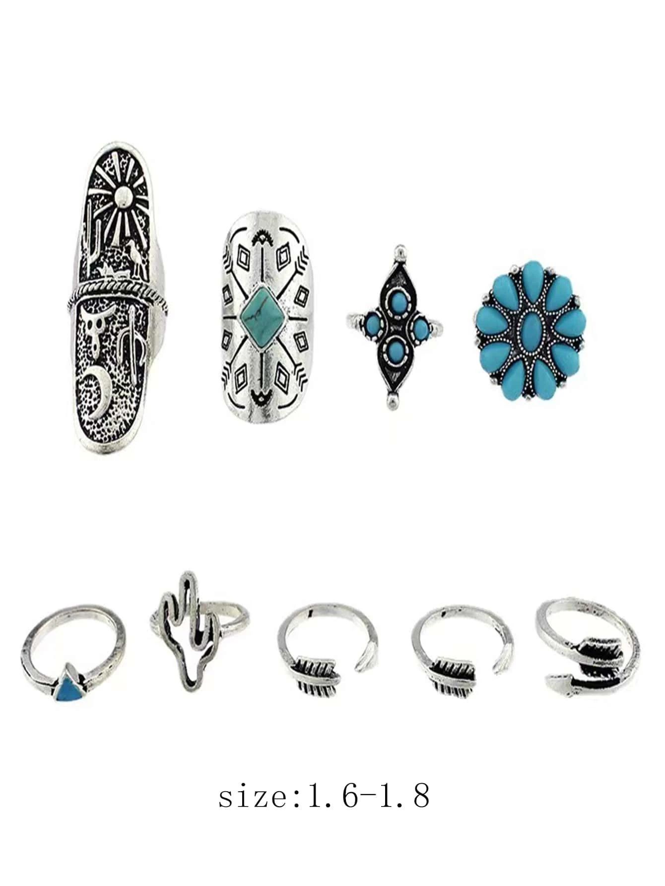 9pcs Turquoise Ring Set - Antique Silver_5