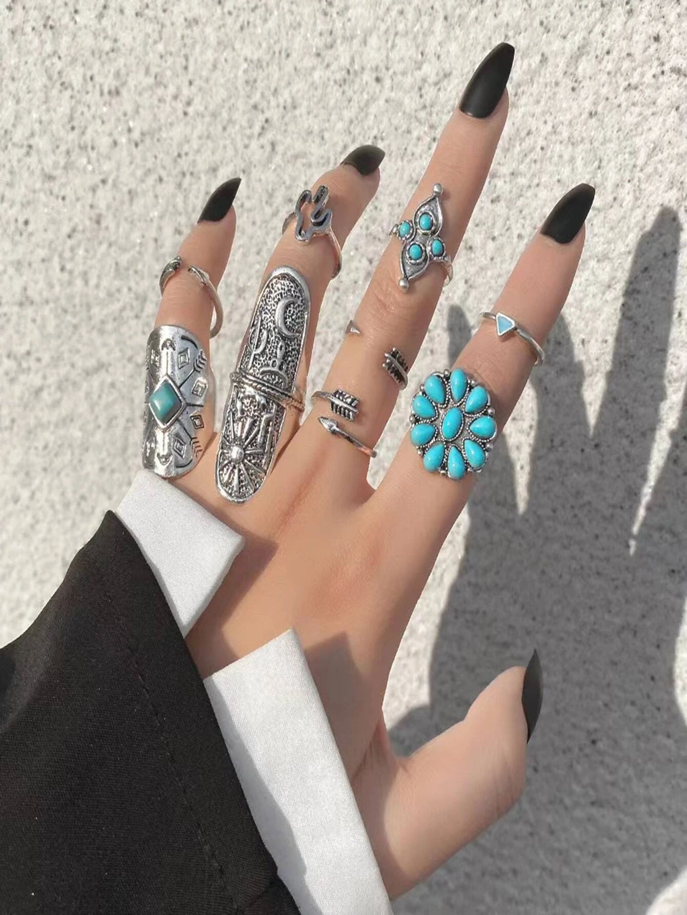 9pcs Turquoise Ring Set - Antique Silver_1