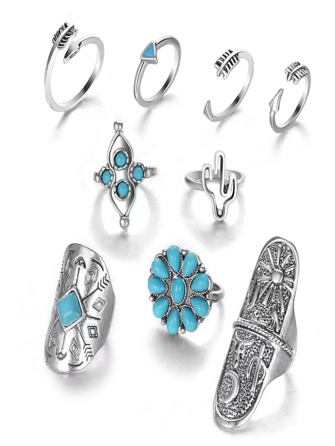 9pcs Turquoise Ring Set - Antique Silver_6