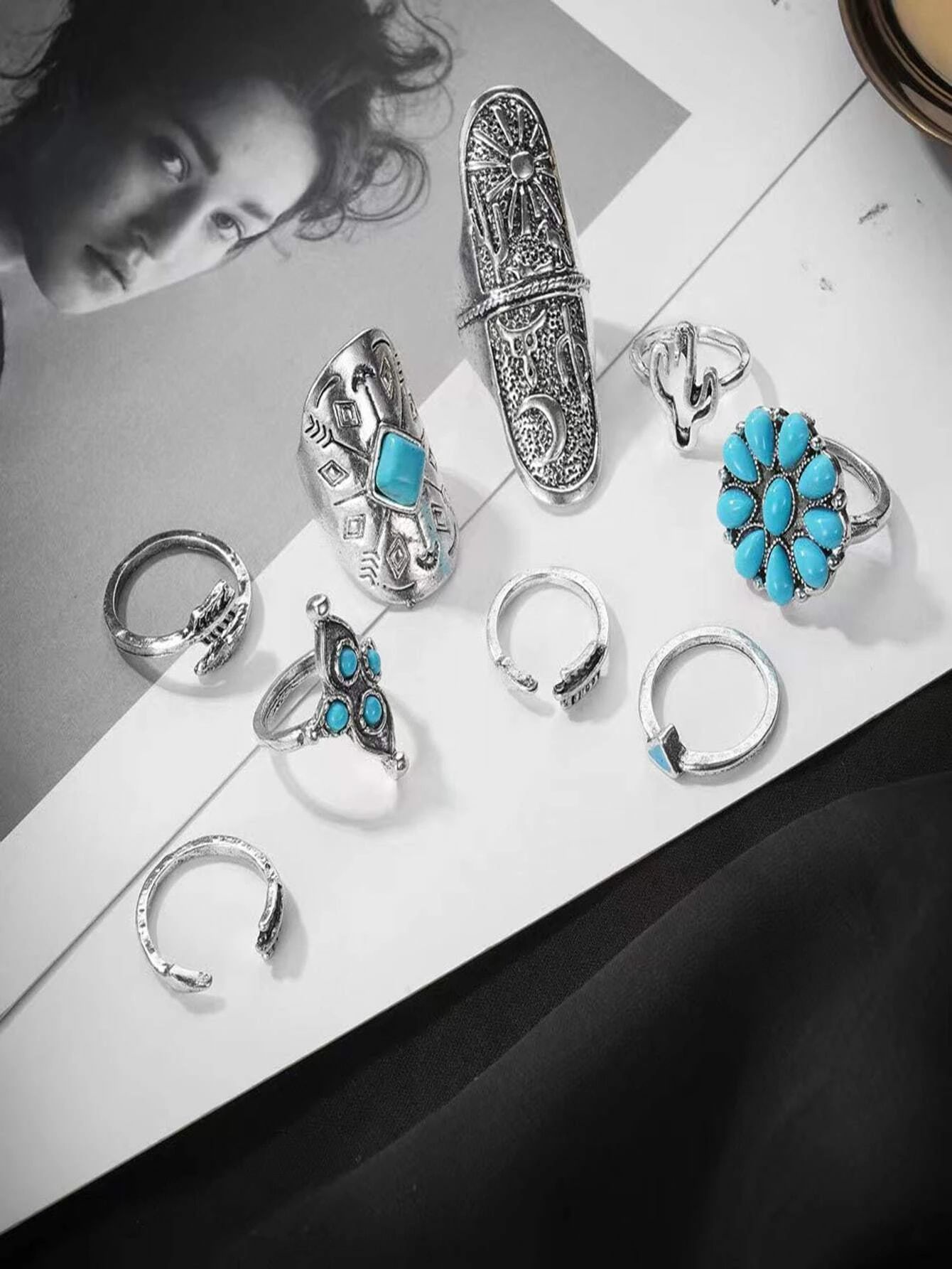 9pcs Turquoise Ring Set - Antique Silver_8