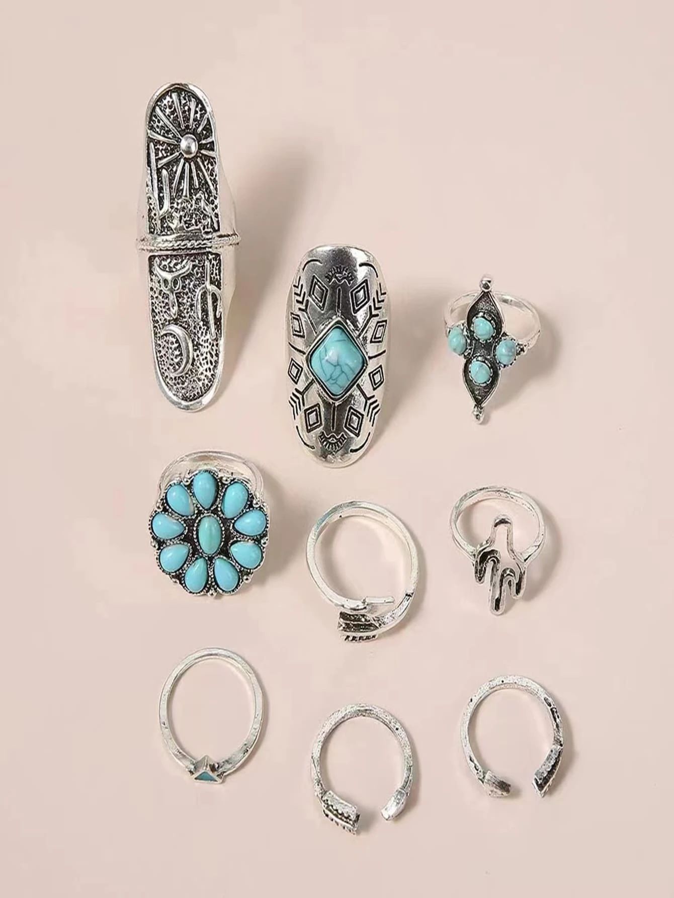 9pcs Turquoise Ring Set - Antique Silver_3