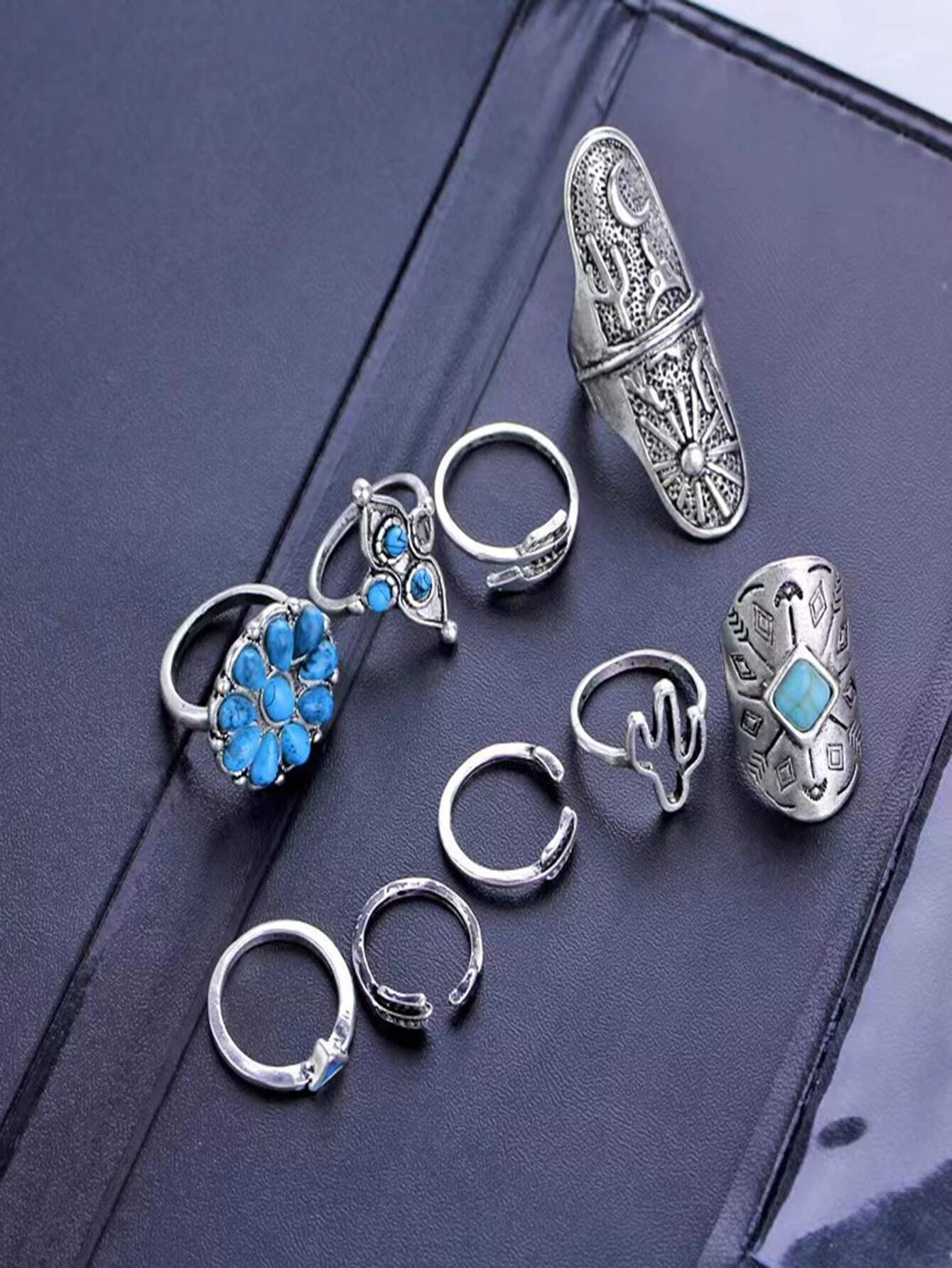 9pcs Turquoise Ring Set - Antique Silver_2