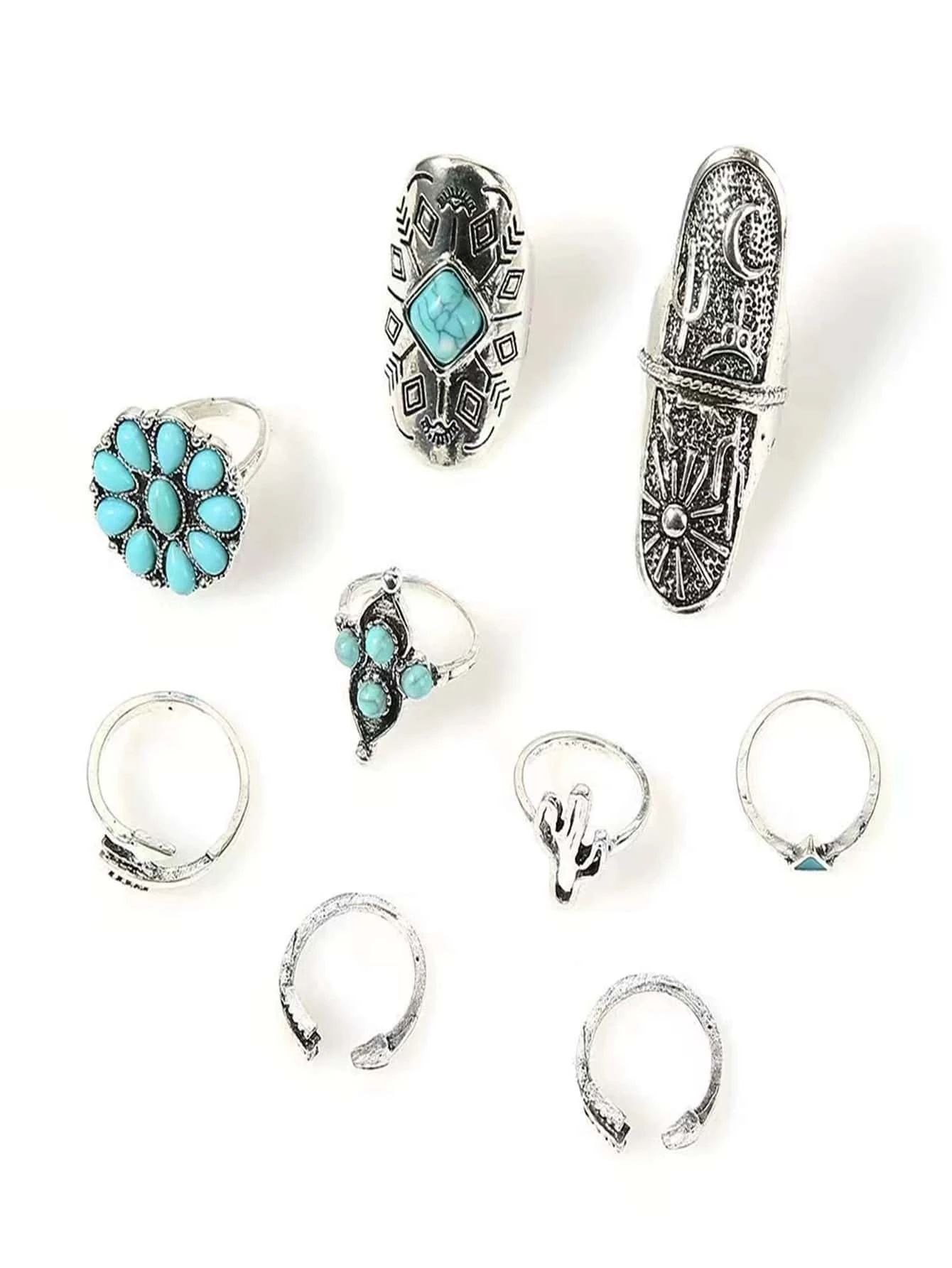 9pcs Turquoise Ring Set - Antique Silver_4