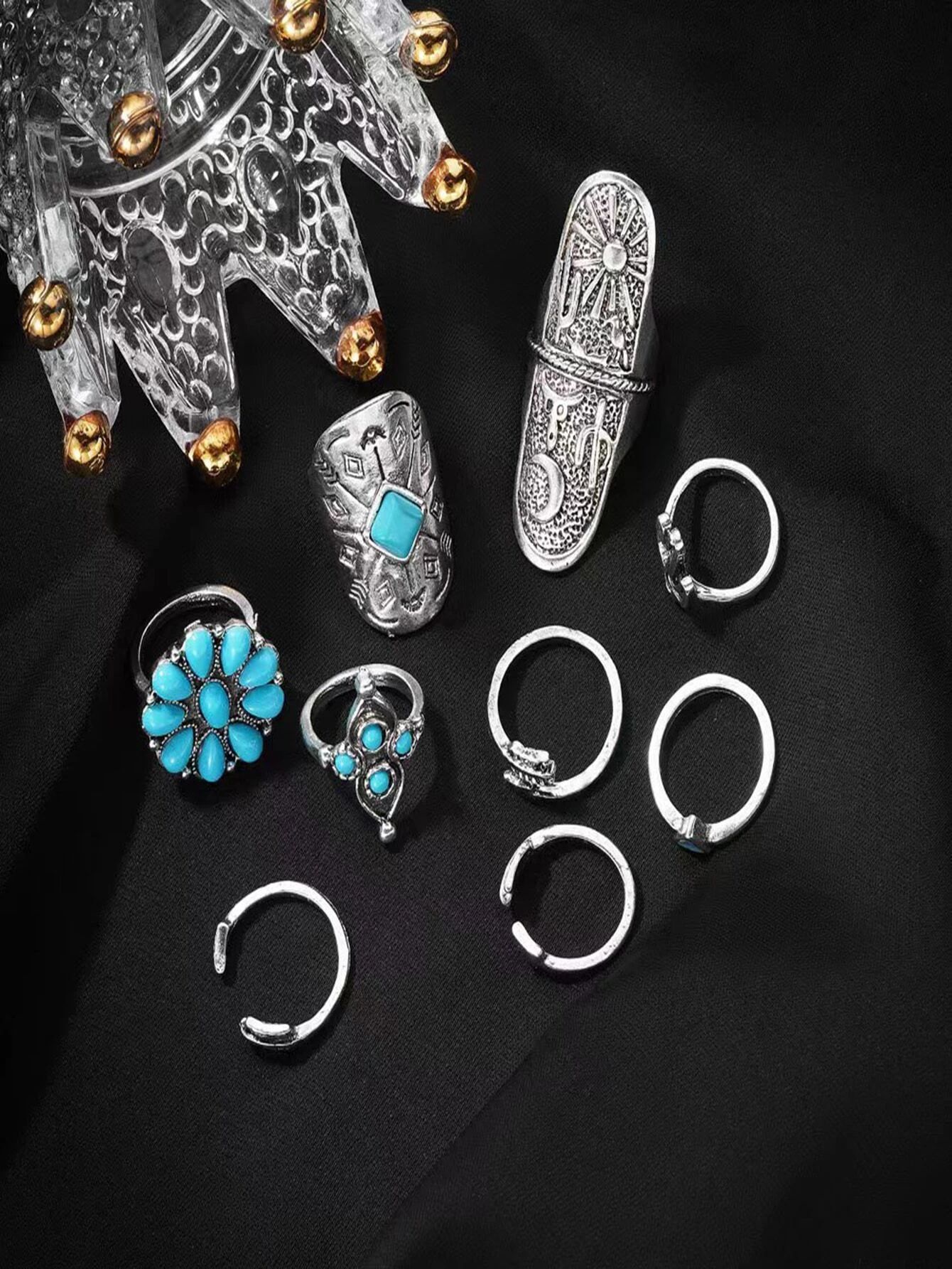 9pcs Turquoise Ring Set - Antique Silver_9