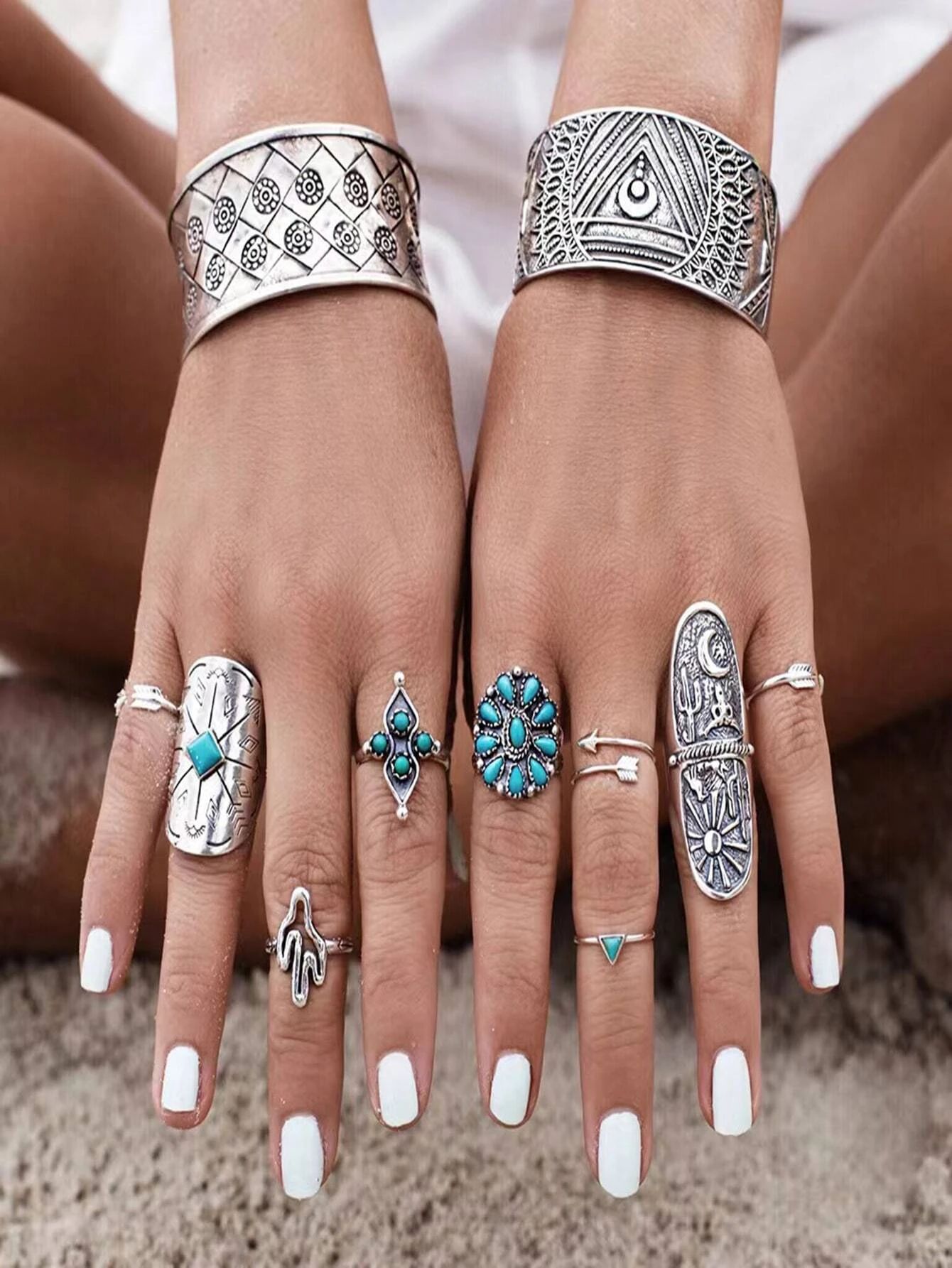 9pcs Turquoise Ring Set - Antique Silver_0