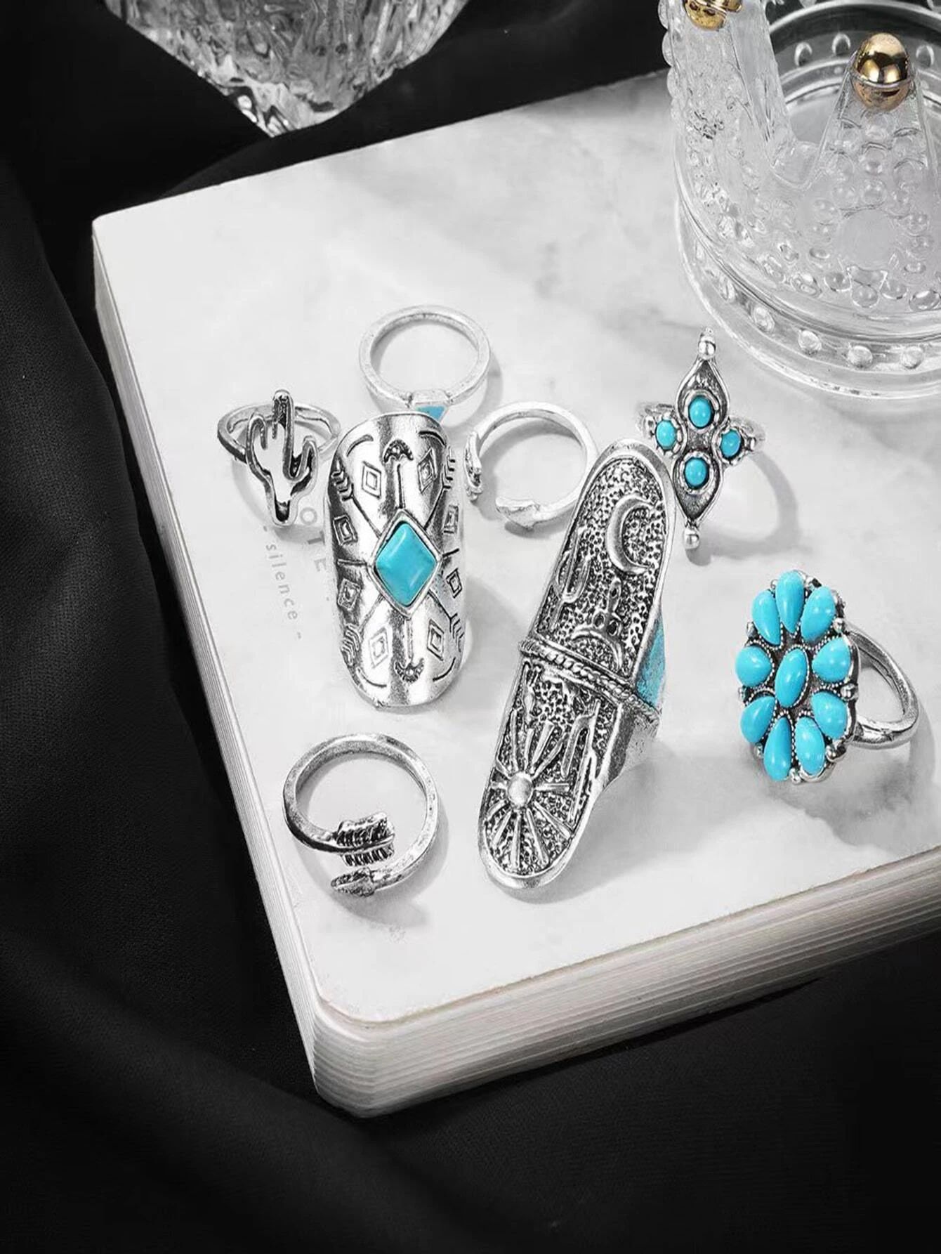 9pcs Turquoise Ring Set - Antique Silver_7