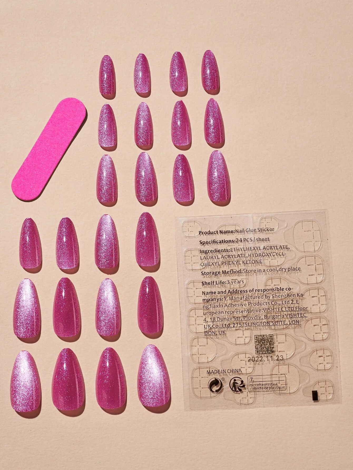 24pcs Long Almond Fingernails with Nail File & Tape_1