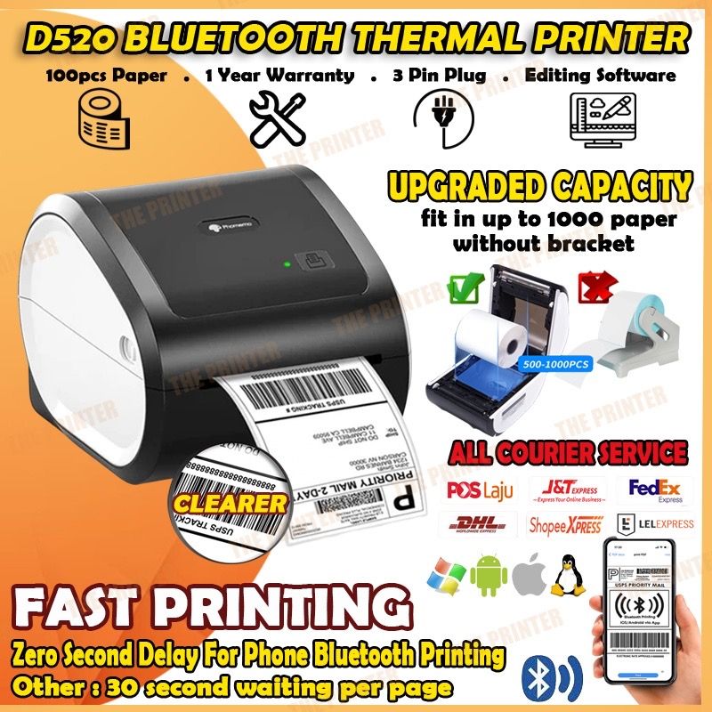 D520 BLUETOOH THERMAL PRINTER + THERMAL STICKER. Fast Printing For Shipping Label Barcode_0