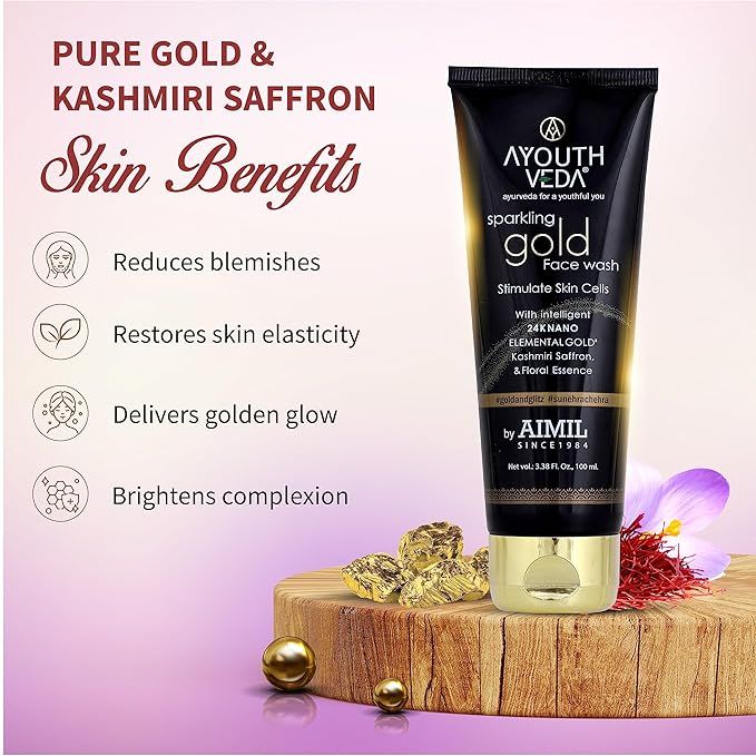 Ayouthveda Sparkling 24K Nano Elemental Oltin Yuz Yuvish uchun Erkaklar va Ayollar Yorqin Teri | 24K oltin va kashmir za'faron bilan boyitilgan | Oddiy va quruq teri uchun (har biri 2; 100 ml dan)_0