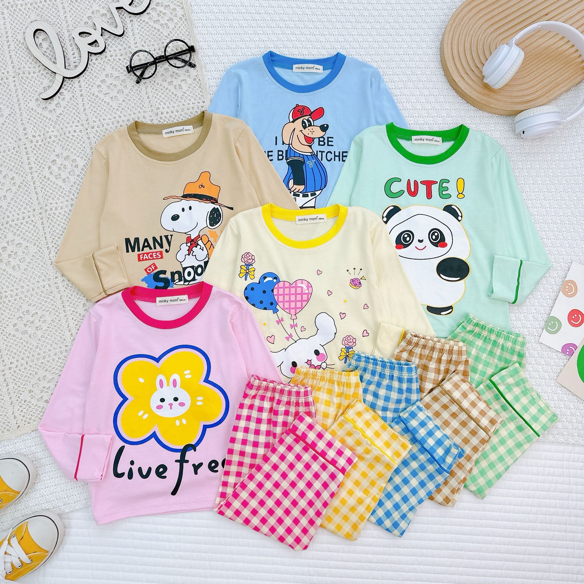 [21] Gingham Cartoon Pajamas Sets (90~130)_0