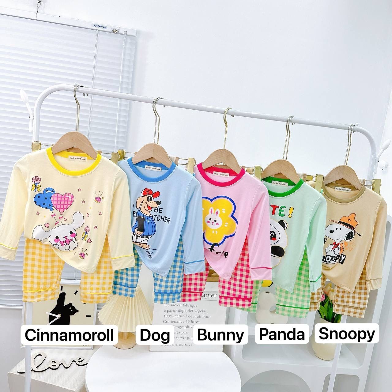 [21] Gingham Cartoon Pajamas Sets (90~130)_1