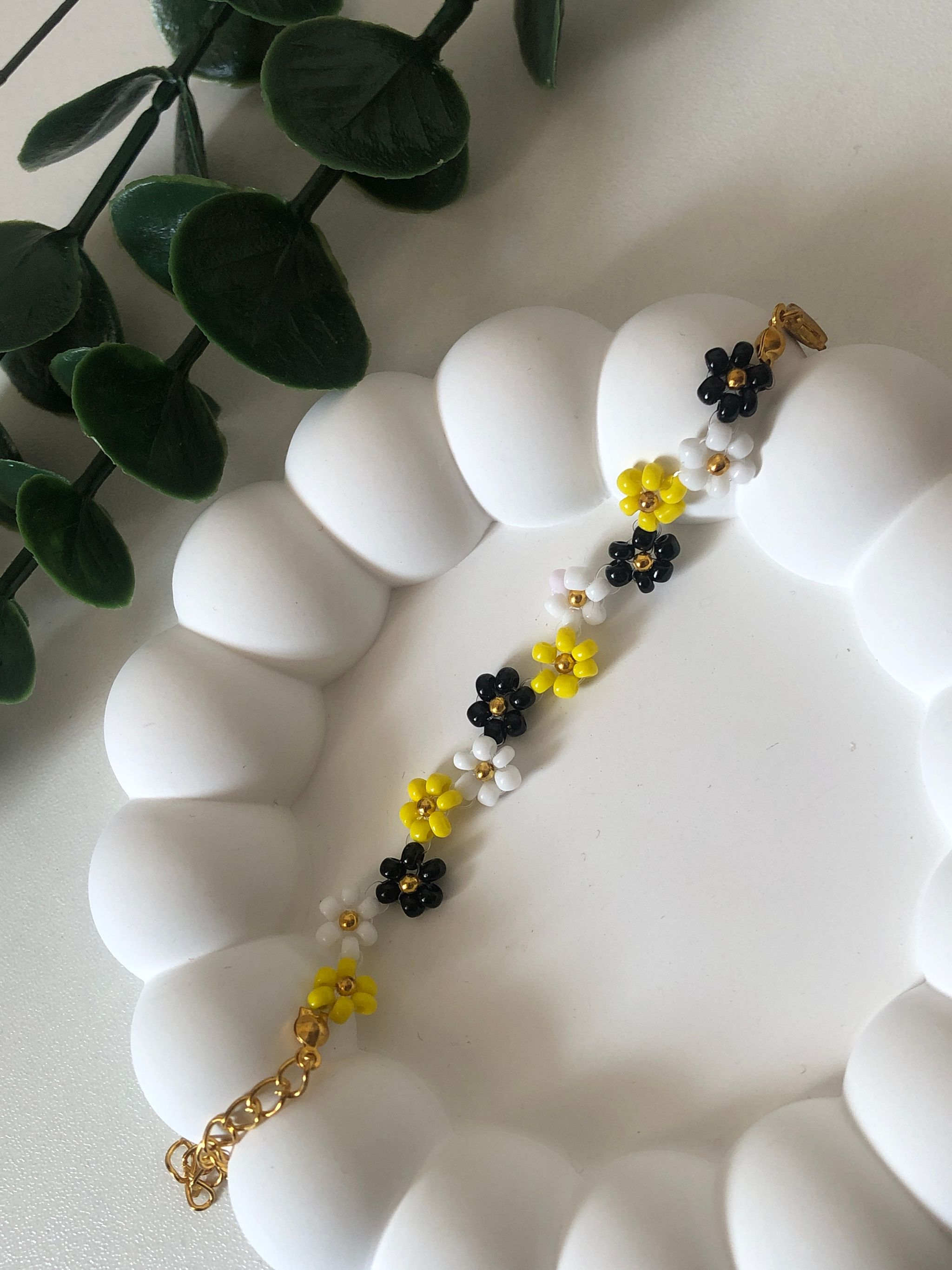 Lily Floral Beaded Bracelets | Yellow, Black & White_1