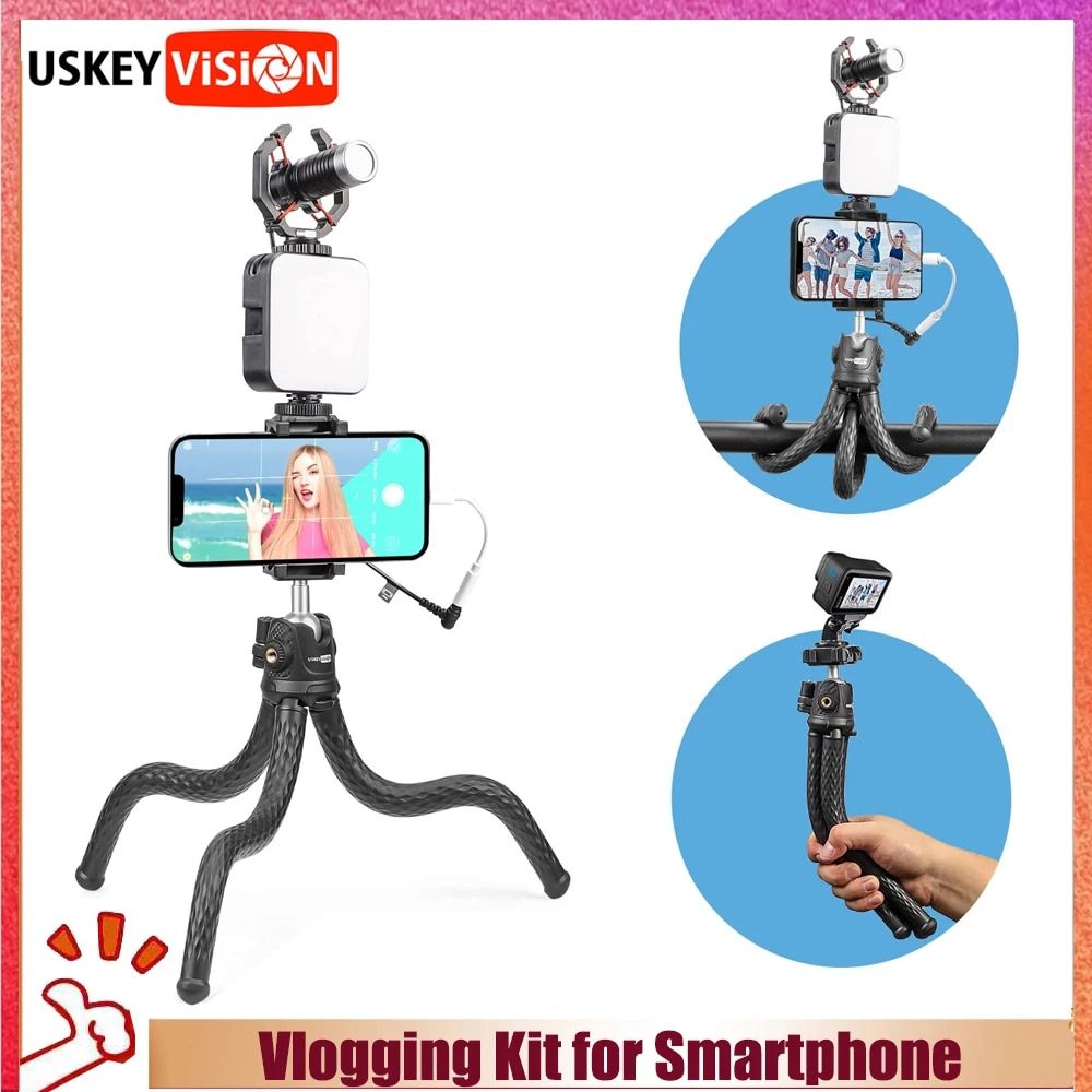 Kit Vlogging USKEYVISION avec Trépied Flexible, Microphone Cardioïde UVM-V Directionnel, et Lumière Vidéo pour Smartphone et Appareil Photo_0