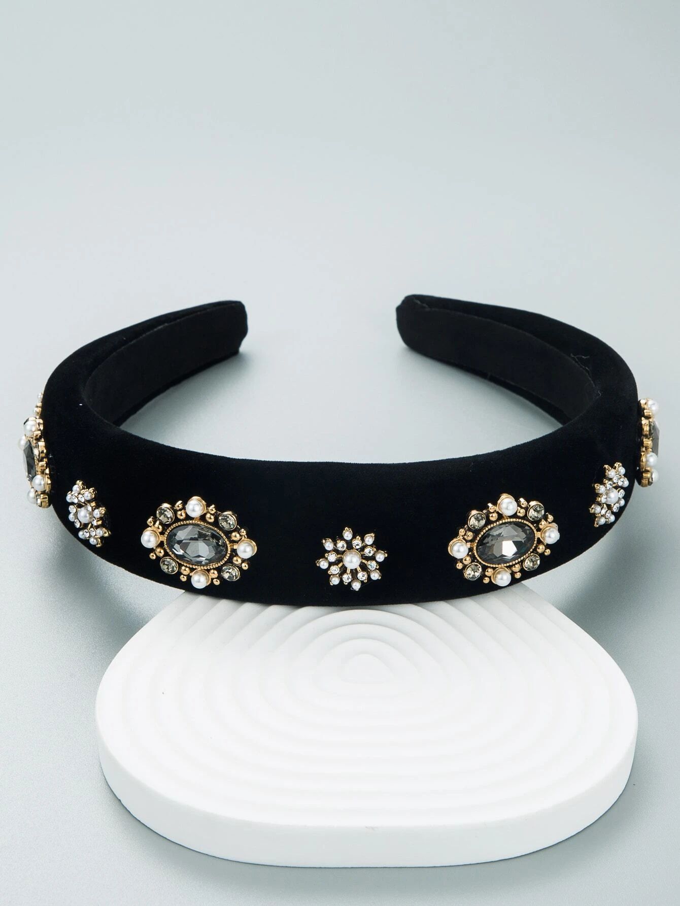 Rhinestone & Faux Pearl Wide Headband - Black_0