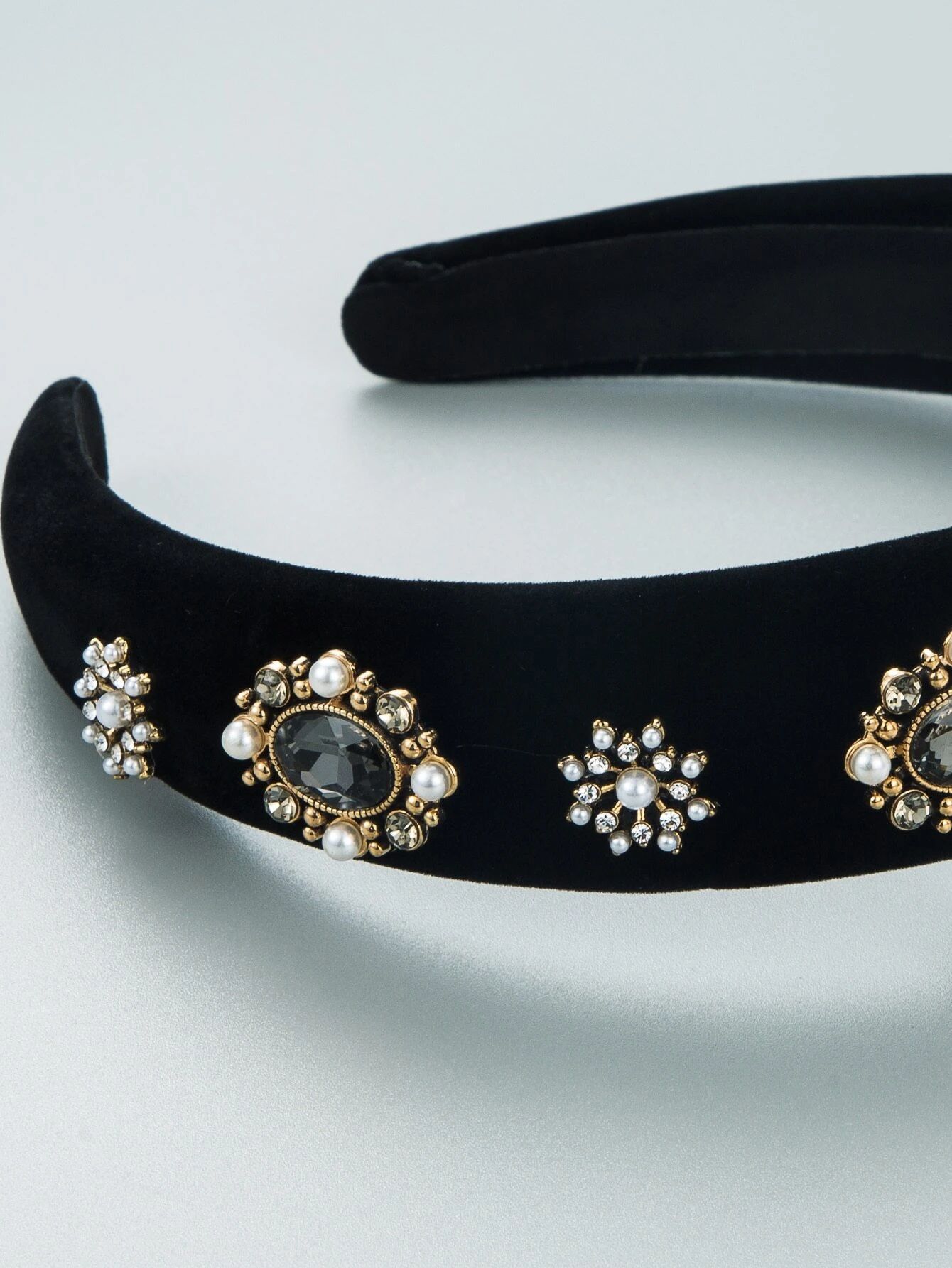 Rhinestone & Faux Pearl Wide Headband - Black_1