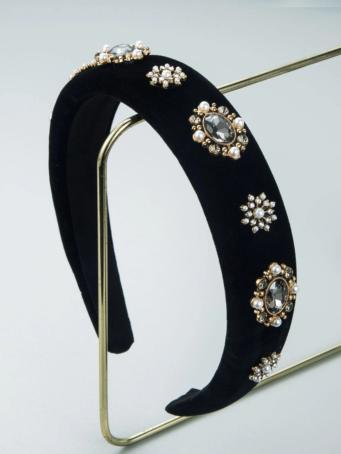 Rhinestone & Faux Pearl Wide Headband - Black_2