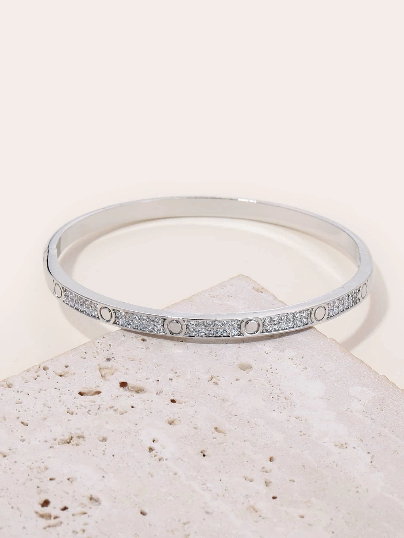 Cubic Zirconia Decor Bangle - Silver_1