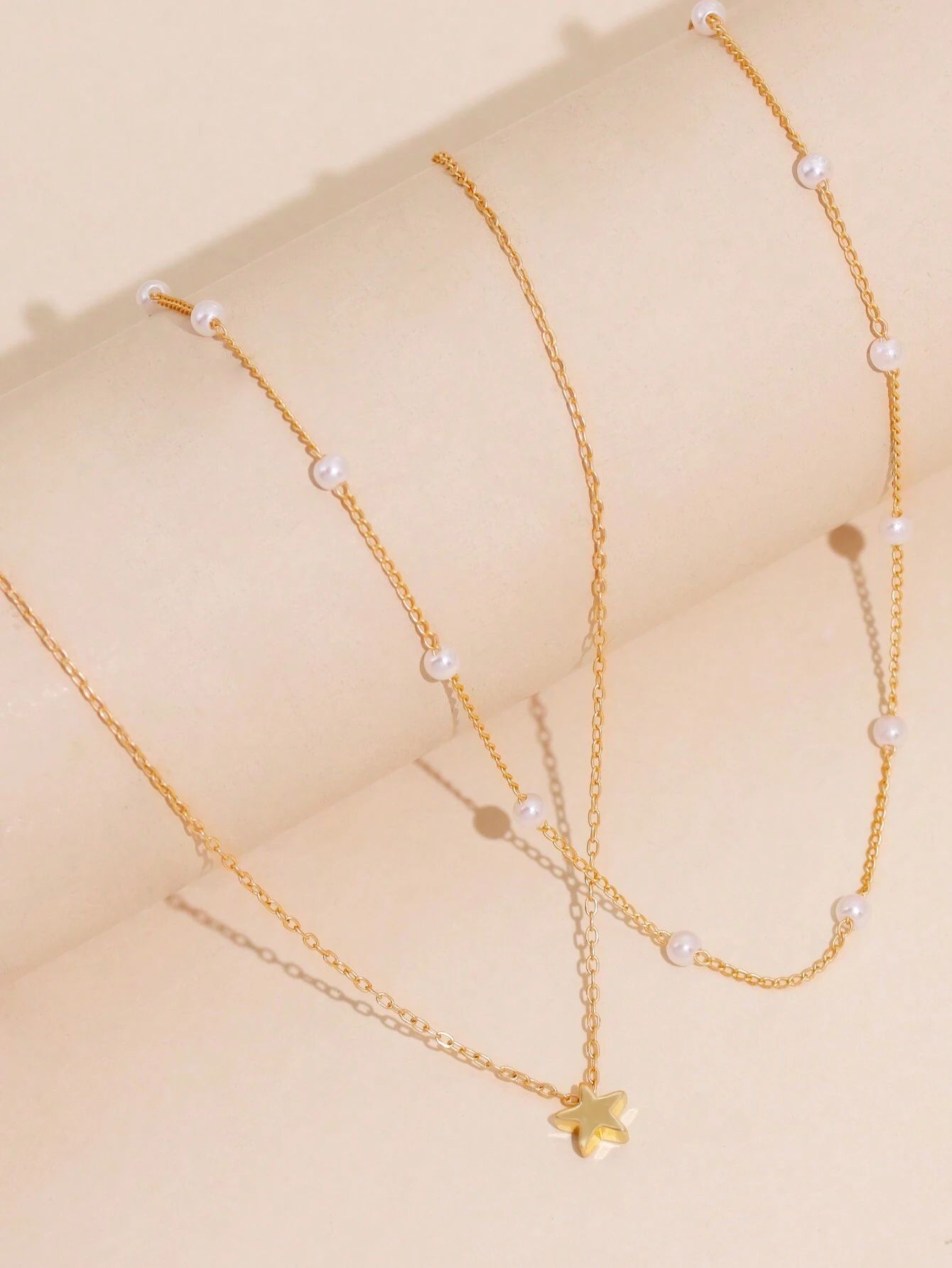 2pcs/set Pendant And Faux Pearl Layered Necklace - Yellow Gold_1